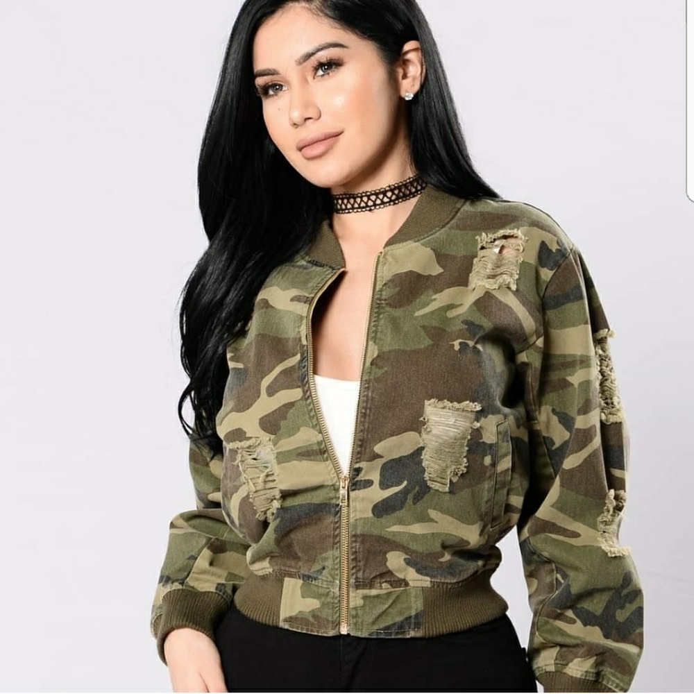 Fashion Nova Distressed Cropped Camo Jacket